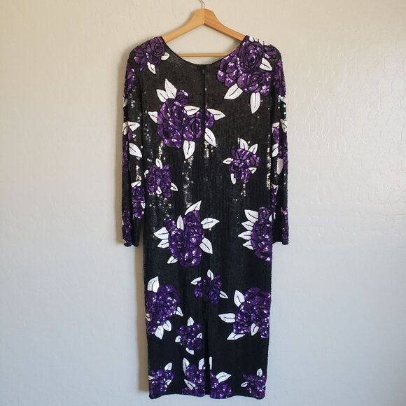 Vintage 100% Silk Full Sequin Beaded Floral Dress Sz M Black/Purple Event Formal - Picture 6 of 12